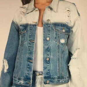 AMERICAN BAZI DISTRESSED TWO TONE DENIM JACKET